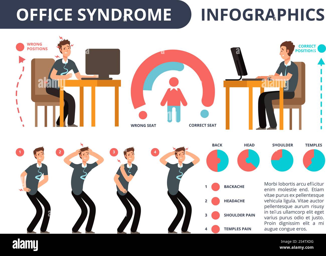 Bürosyndrom-Infografiken Geschäftsmann-Charakter im schmerzmedizinischen Vektordiagramm. Männergesundheit, Syndrominfografik aus der Büroarbeit-Illustration. Bürosyndrom-Infografiken Geschäftsmann-Charakter im schmerzmedizinischen Vektordiagramm Stock Vektor