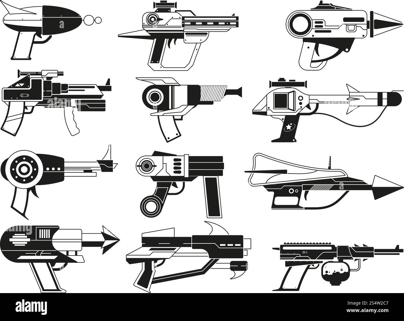 Monochrome Abbildungen futuristischer Astronauten-Waffen. Vektor-Militärpistole, zukünftige Pistole und Pistole. Monochrome Abbildungen futuristischer Astronauten-Waffen Stock Vektor