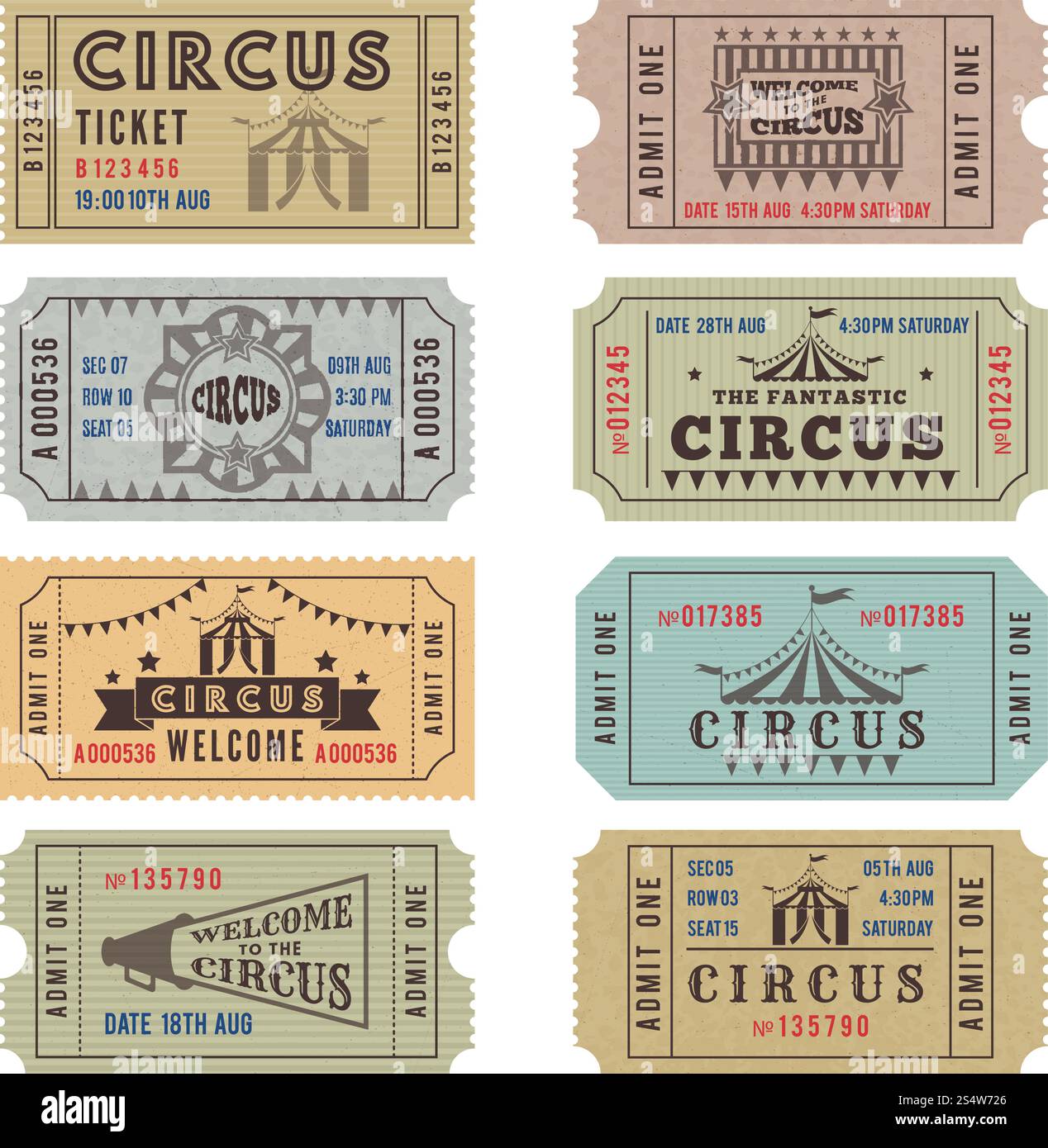 Design-Vorlage für Zirkuskarten. Zirkus-Ticket Vintage-Kollektion. Vektorabbildung. Design-Vorlage für Zirkuskarten Stock Vektor
