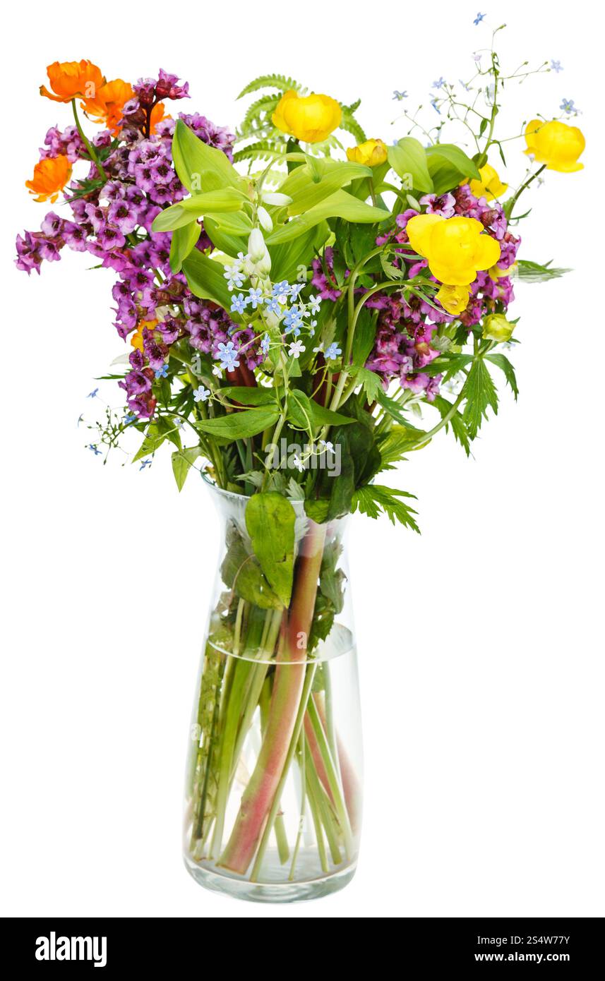 posy der Sommergartenblumen in Glasvase auf weißem Hintergrund Stockfoto