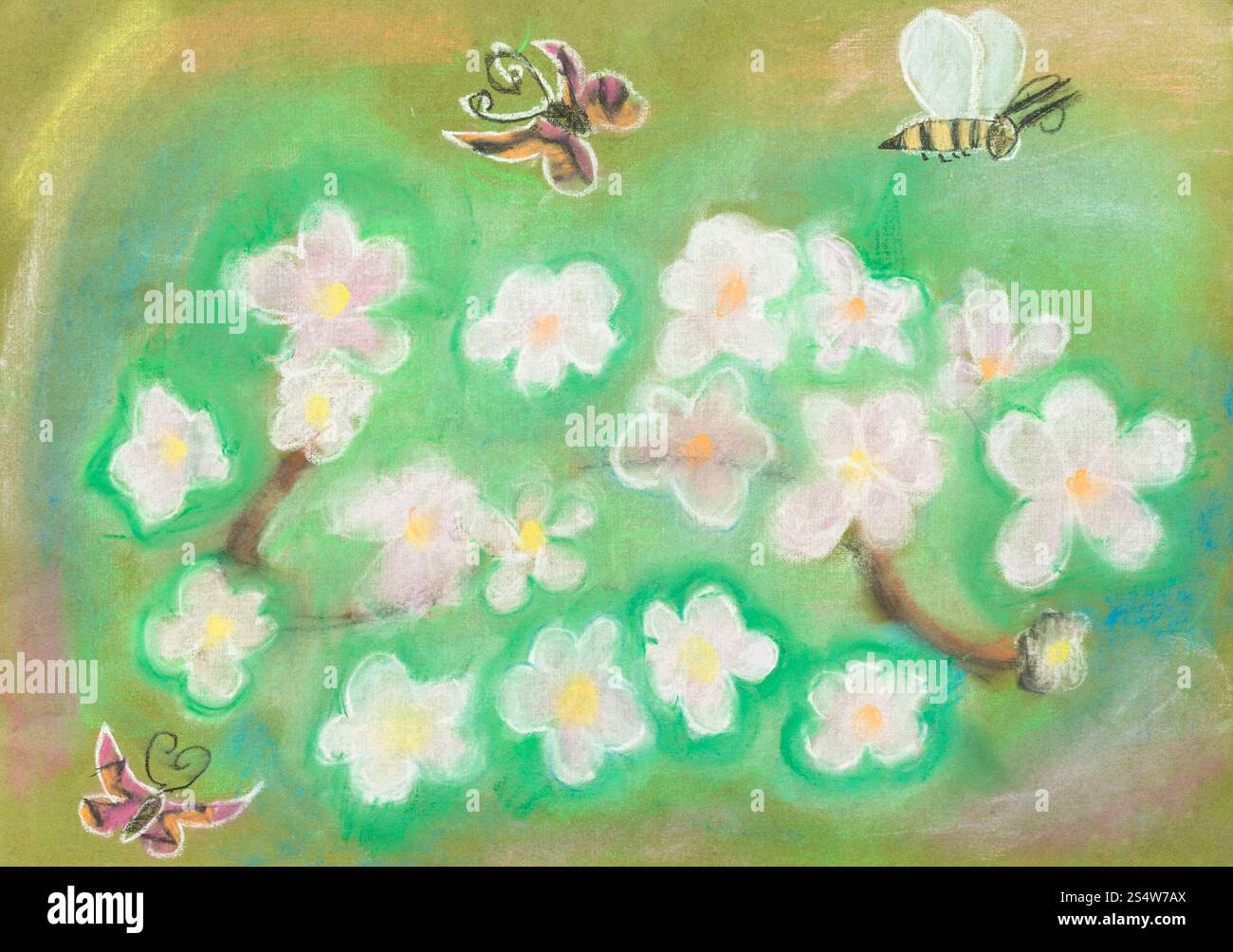 Kinder Zeichnung - Schmetterlinge fliegen über das grüne Blumenwiese von trockenen Pastell Stockfoto