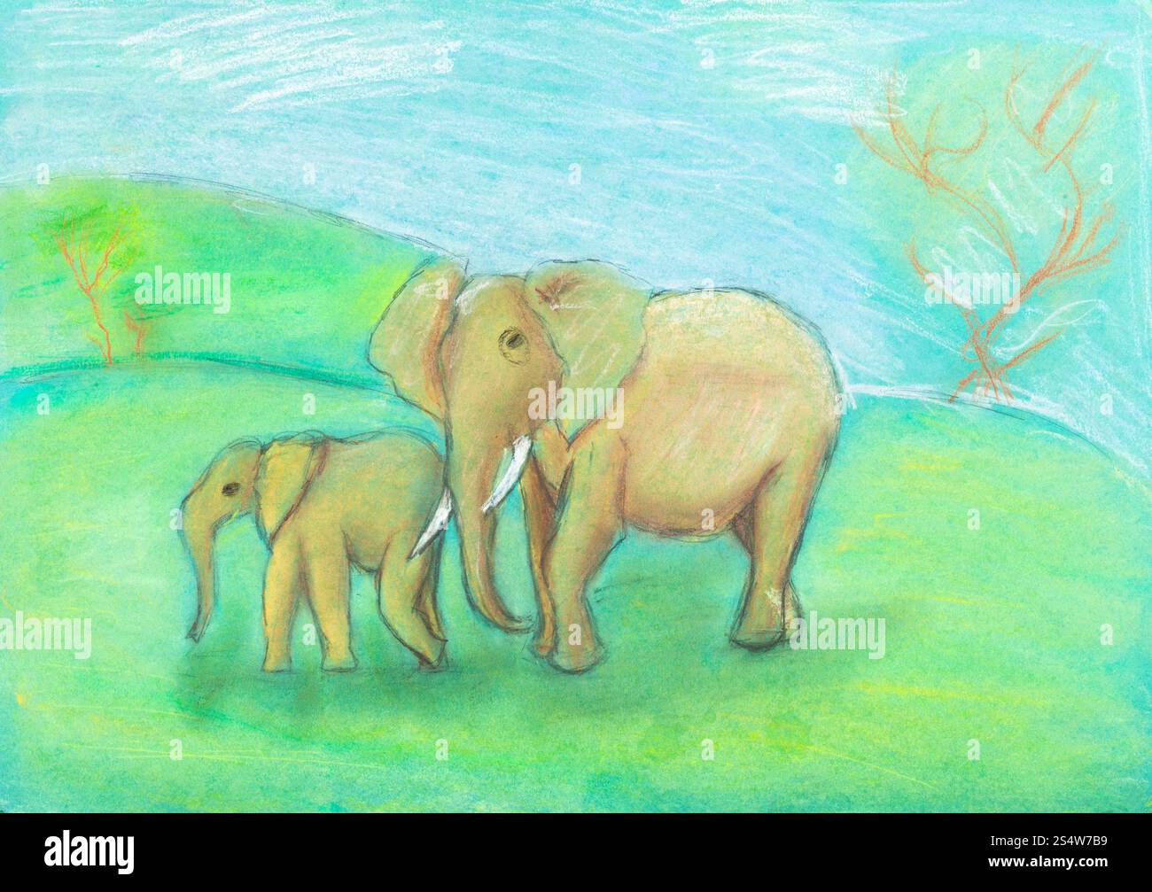 Kinder zeichnen - Elefant mit Baby-Elefanten in der Savanne von trockenen Pastell auf grünem Papier Stockfoto