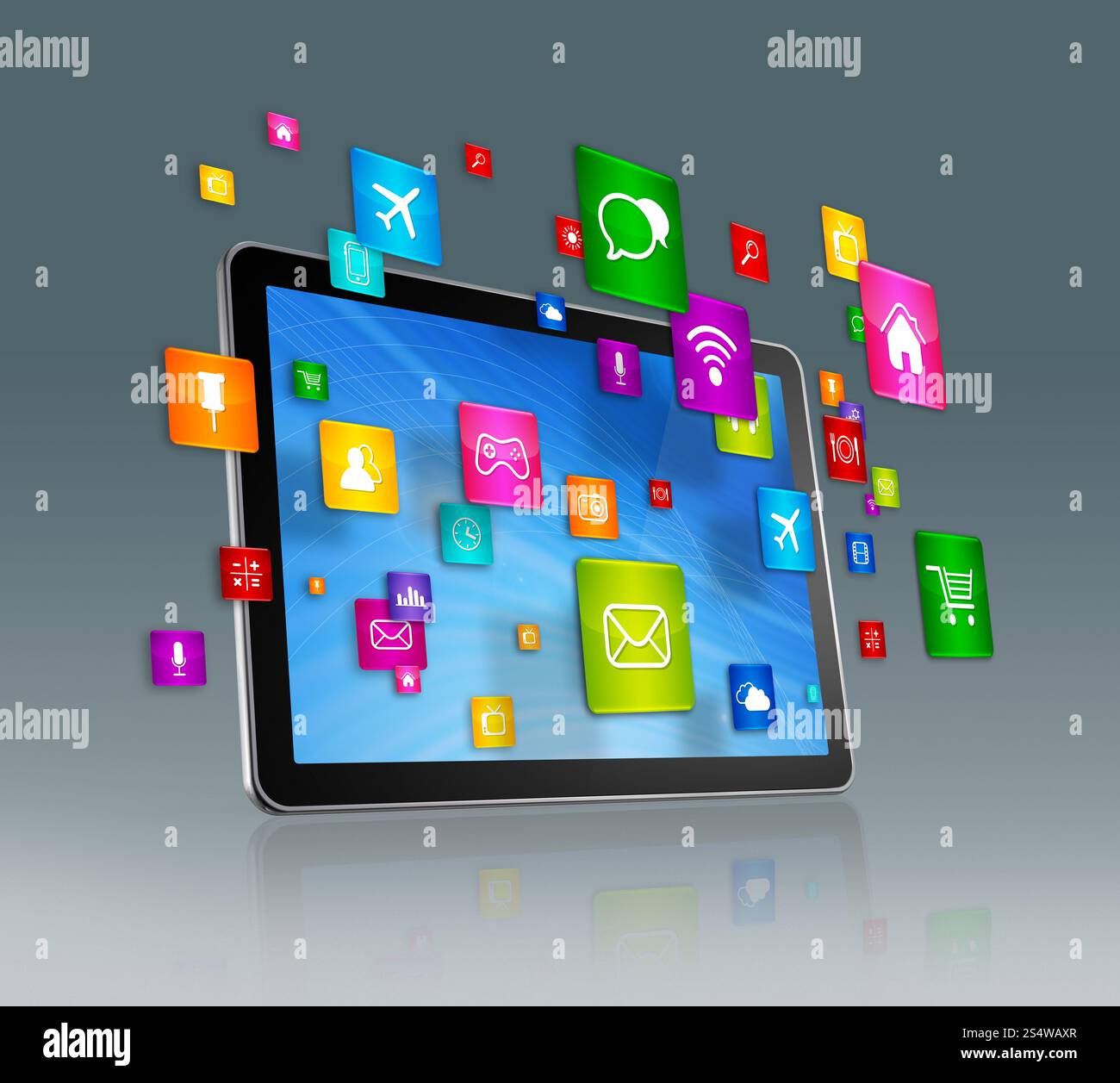 Digitales 3D-Tablet mit fliegenden Apps-Symbolen – isoliert auf Grau. Symbole für digitale Tablets und fliegende Apps Stockfoto