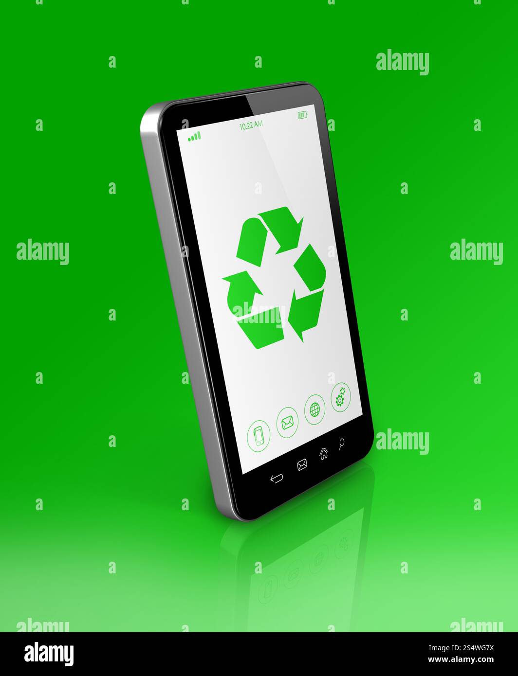 3D-Smartphone mit Recycling-Symbol auf dem Bildschirm. Ökologisches Konzept. Smartphone mit Recycling-Symbol auf dem Bildschirm. Ökologisches Konzept Stockfoto