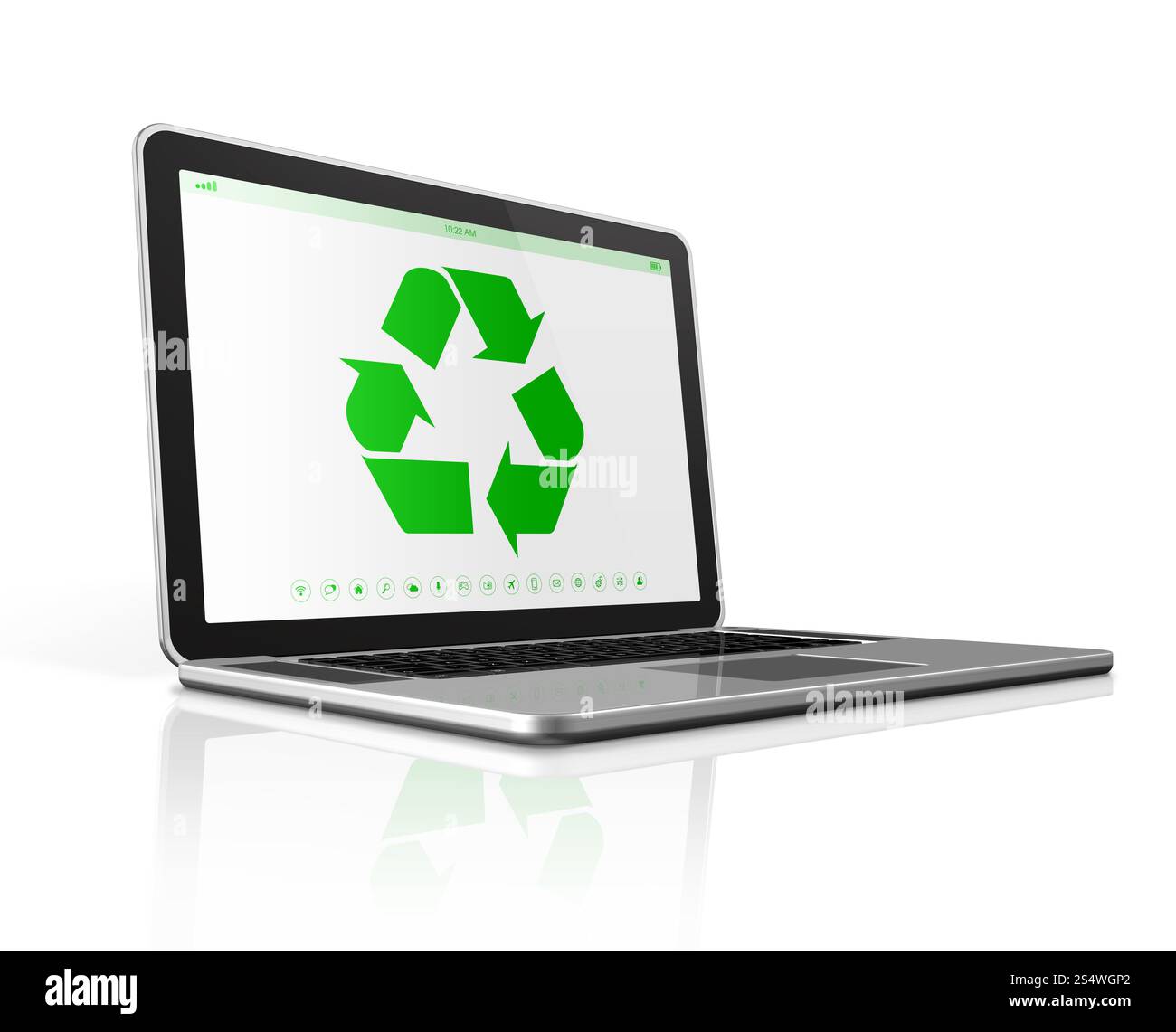 3D-Laptop-Computer mit Recycling-Symbol auf dem Bildschirm. Umweltschutzkonzept. Laptop-Computer mit Recycling-Symbol auf dem Bildschirm. Stockfoto