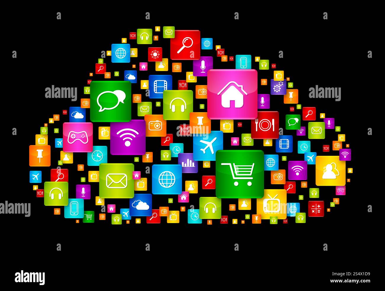 Cloud Computing-Symbol. Apps-Symbole werden isoliert auf Schwarz gesetzt. Cloud Computing-Symbol auf schwarzem Hintergrund Stockfoto