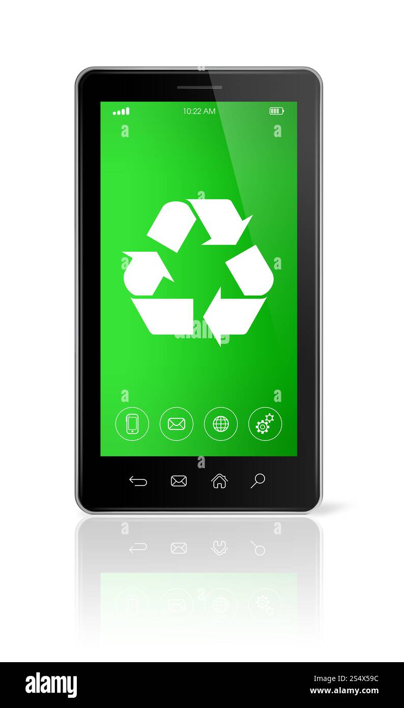 3D-Smartphone mit Recycling-Symbol auf dem Bildschirm. Umweltschutzkonzept. Smartphone mit Recycling-Symbol auf dem Bildschirm. Umwelt Stockfoto