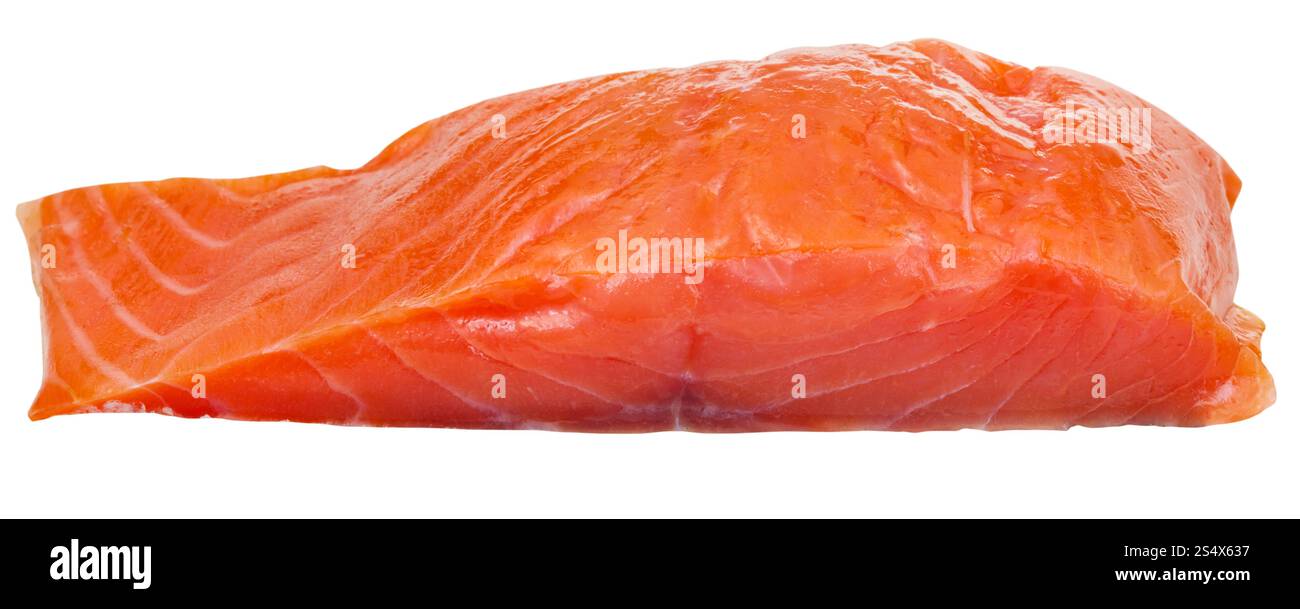 Lighty Räucherlachs Atlantik roter Fisch Filet Stück isoliert auf weißem Hintergrund Stockfoto