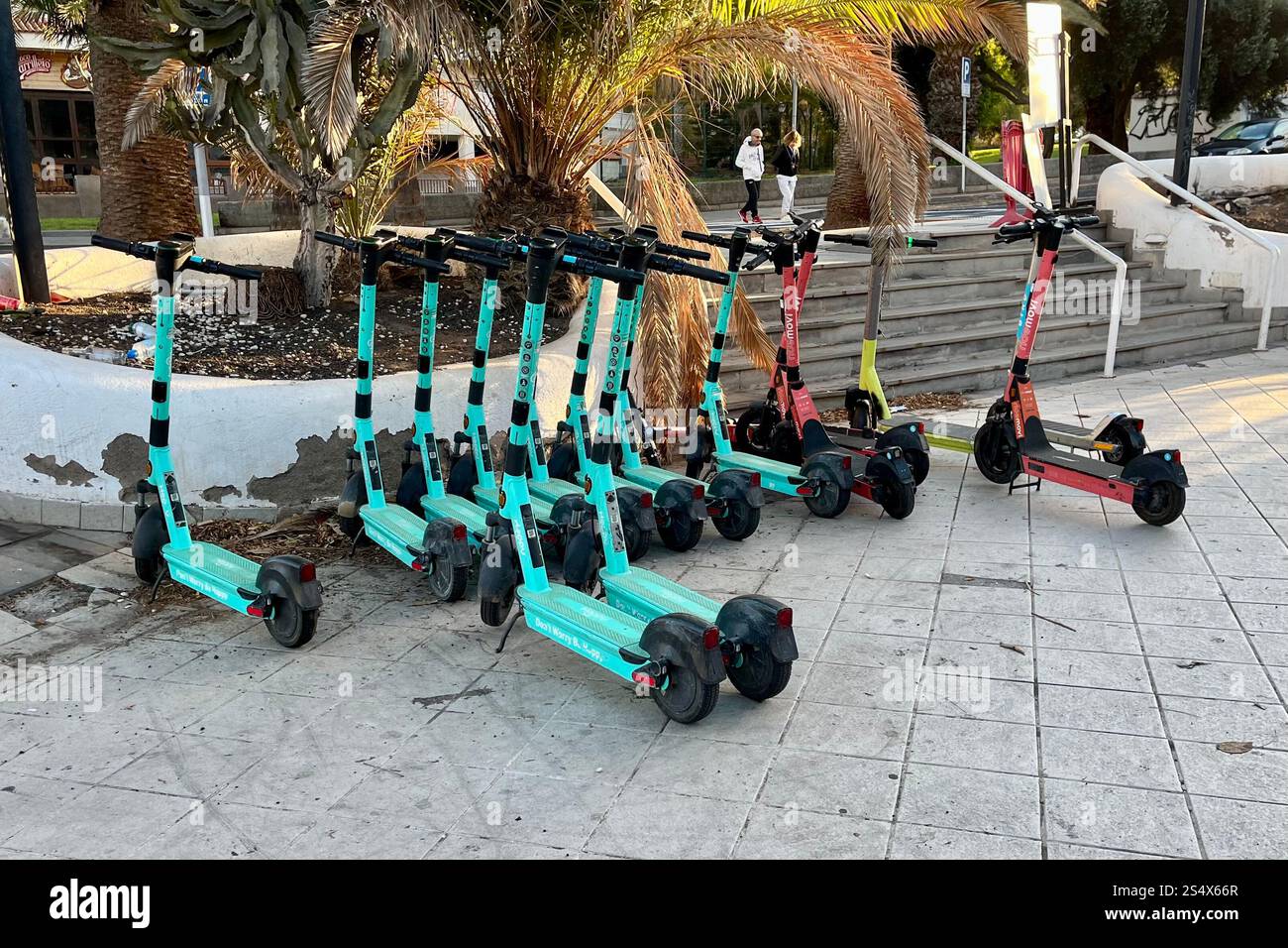 Eine Flotte von Elektrorollern (E-Scootern) parkt in Costa Adeje, Teneriffa, Kanarischen Inseln, Spanien. Januar 2025. Stockfoto