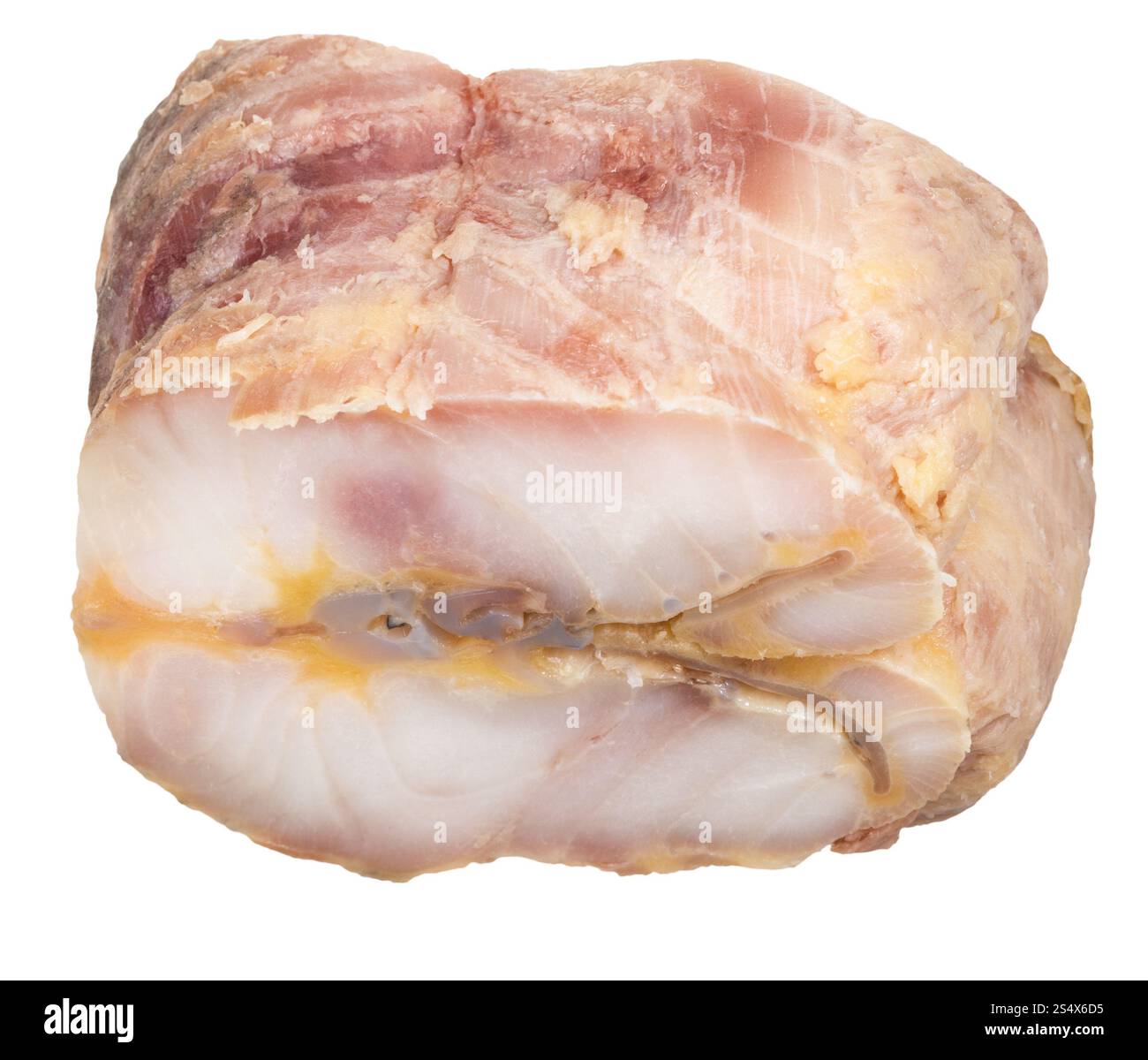 über Ansicht Stück heiß geräucherten Stör Fisch isoliert auf weißem Hintergrund Stockfoto