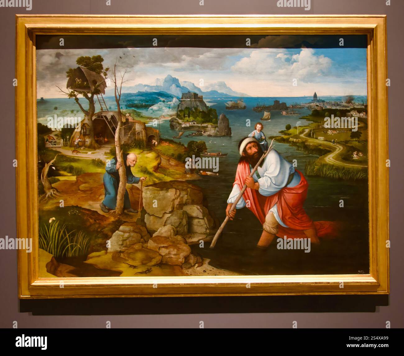 Um 1521 Öl auf Tafelgemälde Landschaft mit dem Heiligen Christoph und dem Christuskind von Joachim Patinir Royal Collections Gallery Madrid Spanien Stockfoto