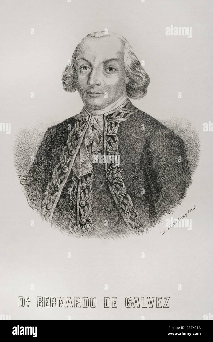 Bernardo de Gálvez (Bernardo de Gálvez y Madrid) (1746–1786), 1. Graf von Gálvez. Generalleutnant und Vizekönig von Neuspanien (17. Juni 1785 bis 30. November 1786). Hochformat. Lithographie. Crónica General de España, Historia Ilustrada y Descriptiva de sus Provincias (Allgemeine Chronik Spaniens, illustrierte und deskriptive Geschichte seiner Provinzen), Antillen, 1871. Stockfoto