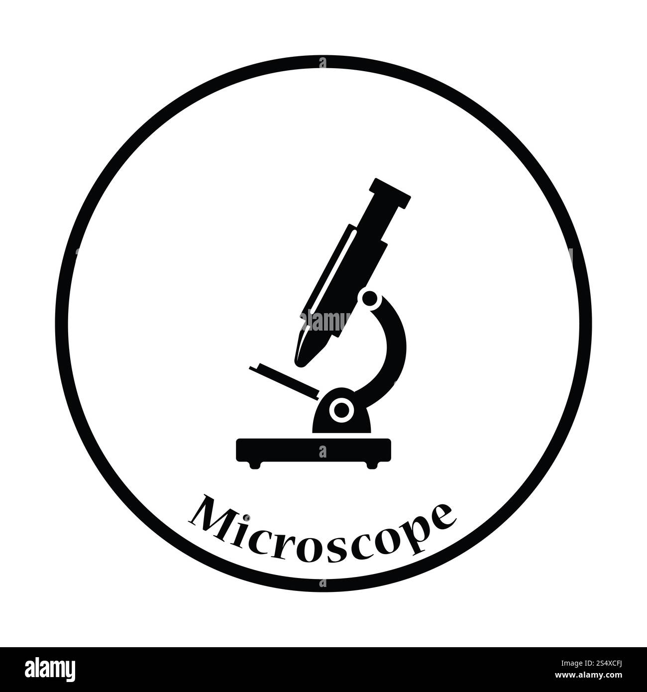 Symbol des Schulmikroskops. Dünne Kreiskonstruktion. Stockfoto