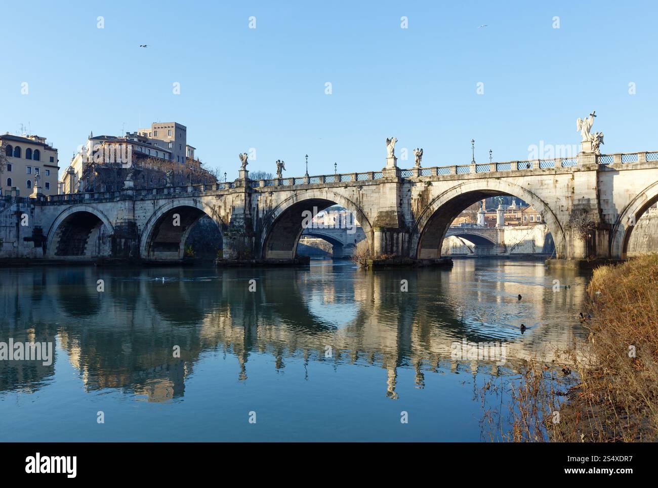 Brücke am Fluss Tiber in Rom, Italien. Morgendliche Aussicht. Stockfoto