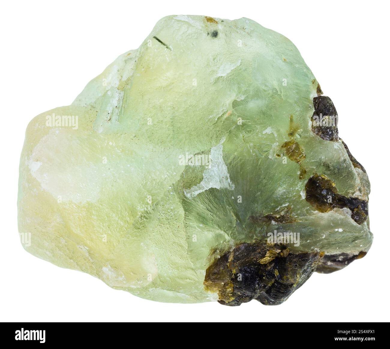 Makroaufnahmen von mineralischen Naturstein - grüne Prehnit Edelstein mit Epidot Kristalle isoliert auf weißem Hintergrund Stockfoto