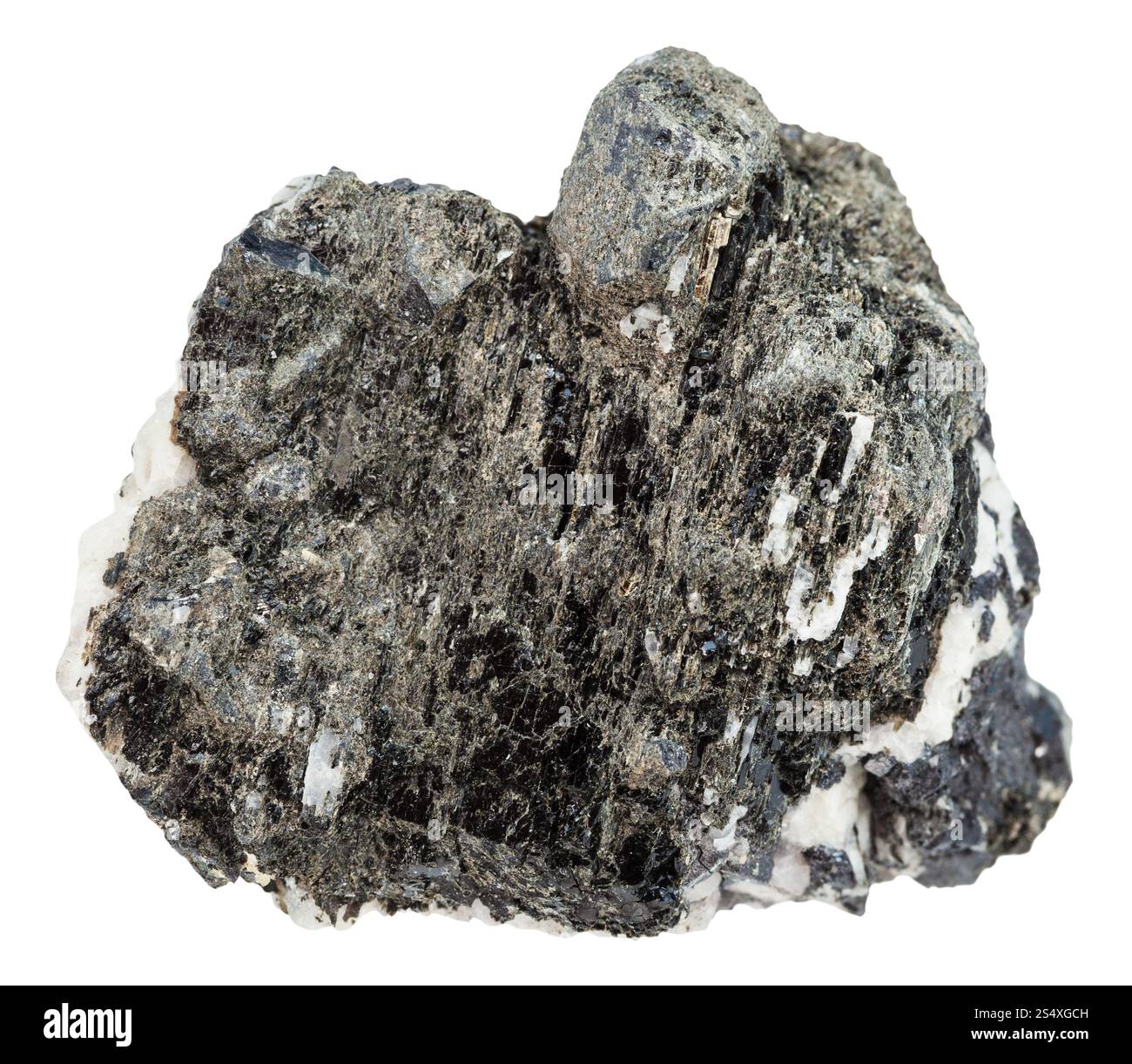 Makroaufnahmen von mineralischen Naturstein - Knopite Rock (schwarze Vielzahl von Perowskit) isoliert auf weißem Hintergrund Stockfoto