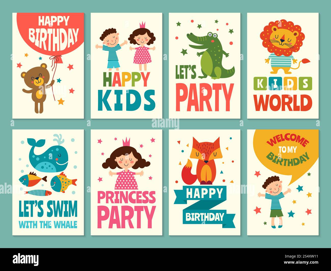 Designvorlage für Kinderkarten. Etiketten für Verpackungen. Geburtstagskarte Einladung zum Geburtstag. Vektorabbildung. Designvorlage für Kinderkarten. Etiketten für Verpackungen Stock Vektor