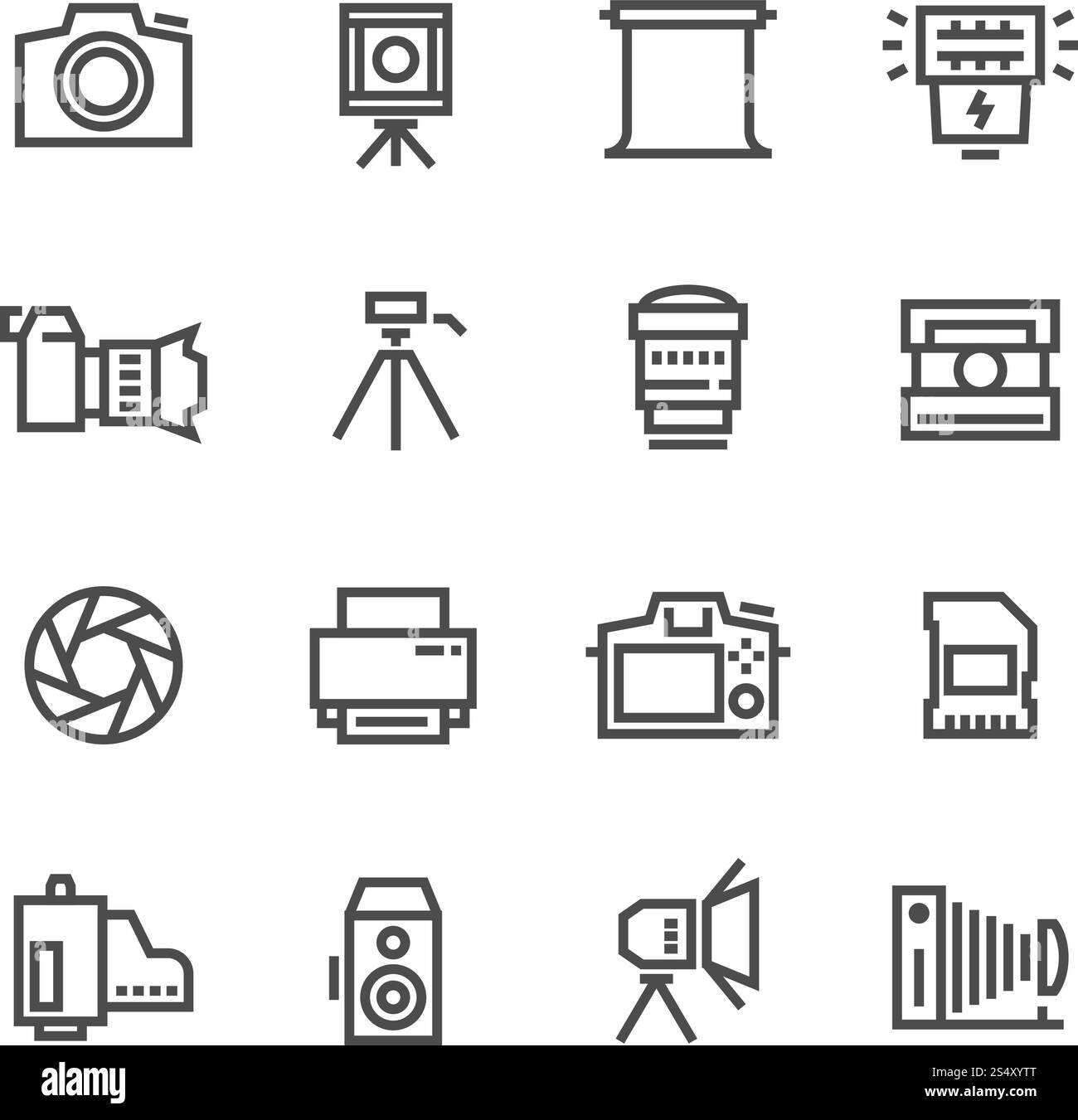 Kamera auf Stativ, Fotoobjektiv und Foto-Ausrüstung Linie Vektorsymbole isoliert auf weißem Hintergrund. Foto- und Fotoausrüstung mit Stativillustration. Kamera auf Stativ, Fotoobjektiv und Foto-Ausrüstung Linie Vektorsymbole isoliert auf weißem Hintergrund Stock Vektor