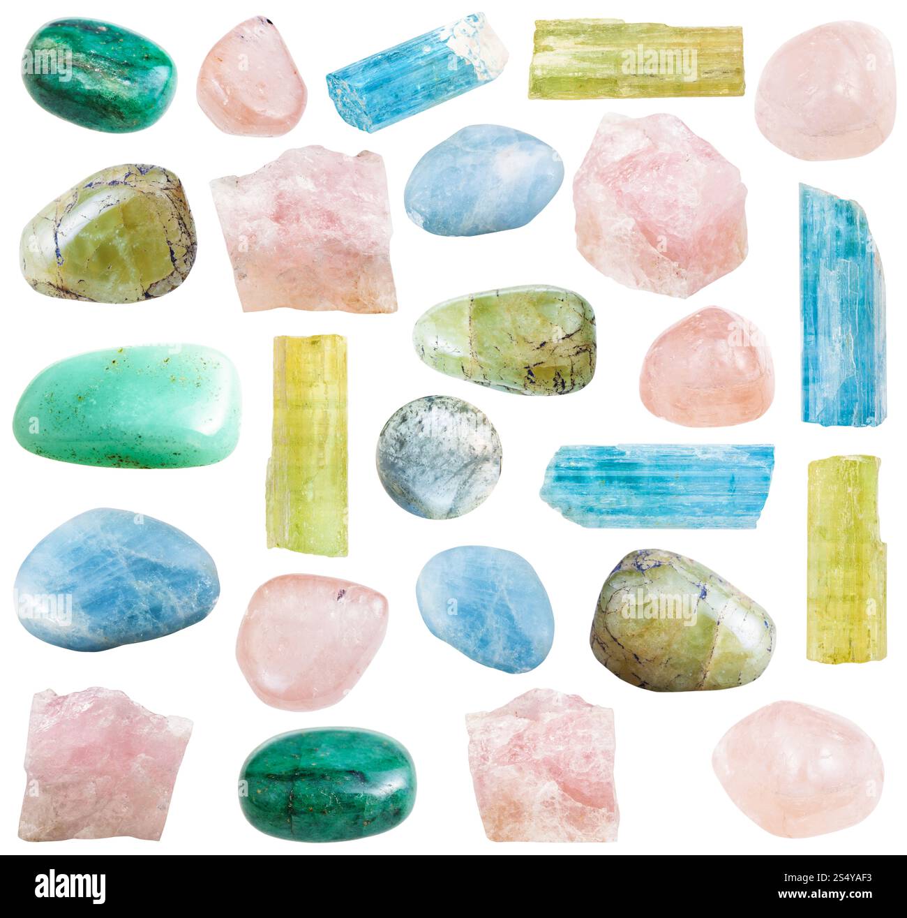 Sammlung von getrommelt und Cristalline Beryl Mineral Edelsteine isoliert auf weißem Hintergrund Stockfoto