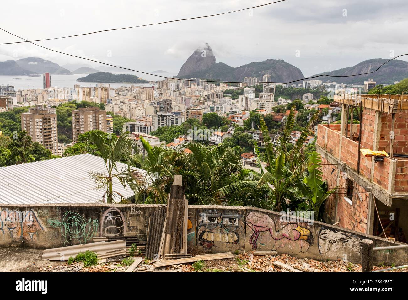 Durcheinander geworfene Häuser auf dem Hügel in Favela Pereira da Silva, Rio de Janeiro, Brasilien Stockfoto