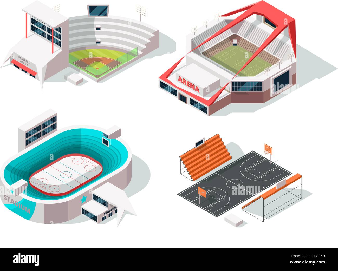 Außenbereich der Baseball-, Fußball-, Hockey- und Basketballstadien. Gebäude im isometrischen Stil. Vektor der Fußball- und Basketballsport Stadion, Baseball und Fußball Arena Illustration. Außenbereich der Baseball-, Fußball-, Hockey- und Basketballstadien. Gebäude im isometrischen Stil Stock Vektor