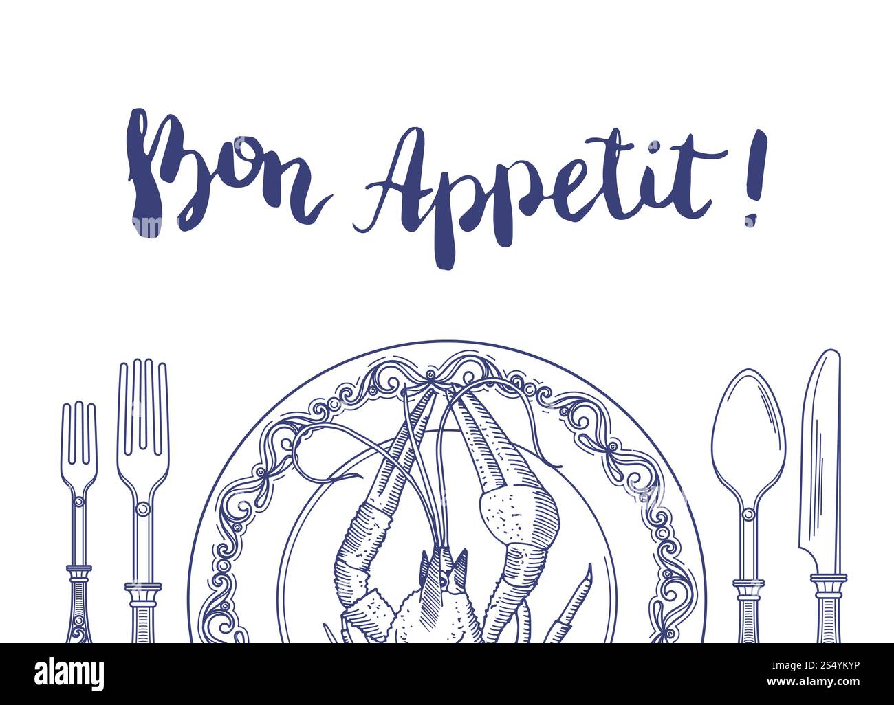 Vektor-Hintergrund mit Platz für Text und handgezeichnetes Geschirr mit Hummer auf Tellerillustration. Vektorhintergrund mit Platz für Text und handgezeichnetes Geschirr Stock Vektor