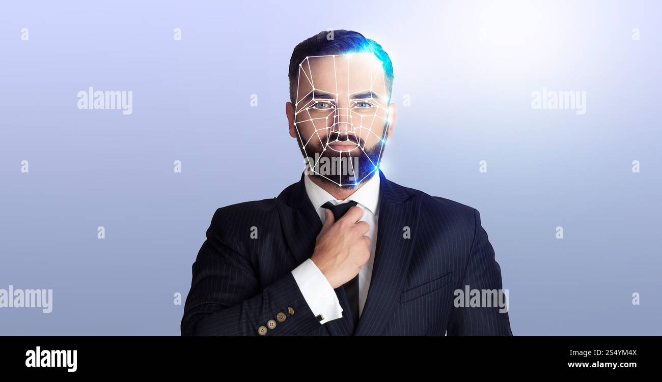 Moderne Technologie zur Gesichtserkennung mit einem Mann im Anzug Stockfoto