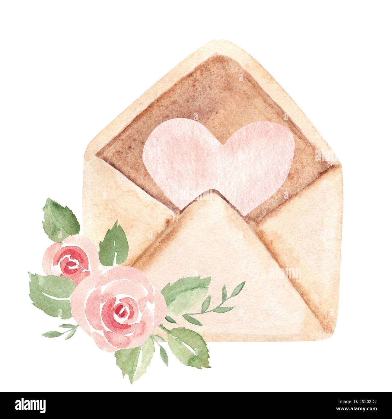 Offener handgefertigter Umschlag mit rosafarbenem Herz innen, verziert mit rosa Rosen und Grün. Aquarell handgezeichnet Vintage Illustration in Pastellfarben Stockfoto