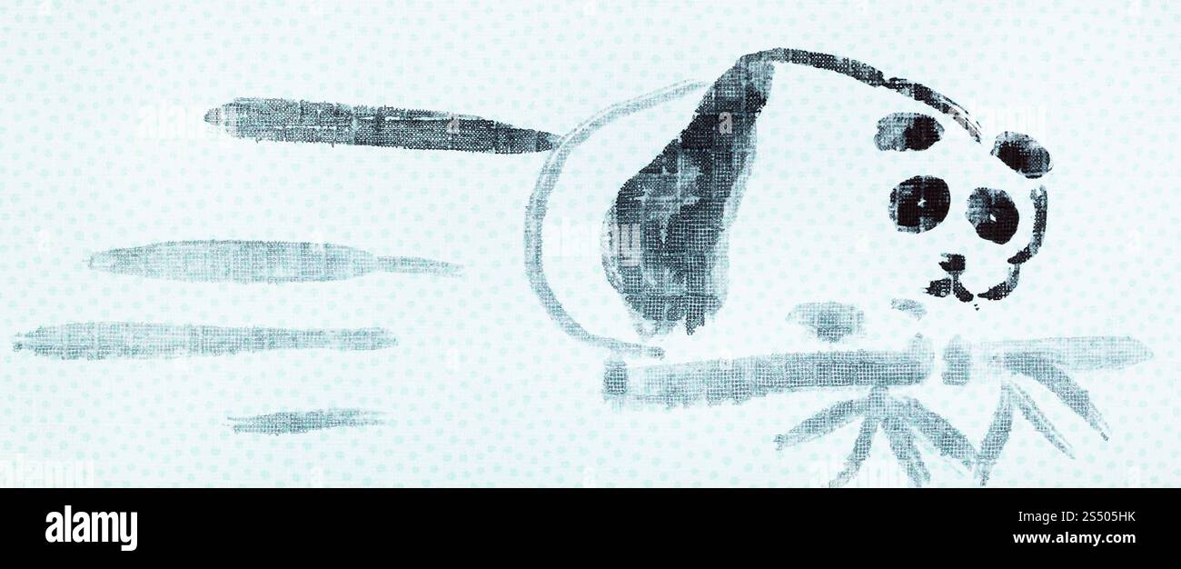 Ausbildung im Suibokuga Stil mit Aquarellfarben - Skizze der Panda auf blau farbigem Papier zeichnen Stockfoto