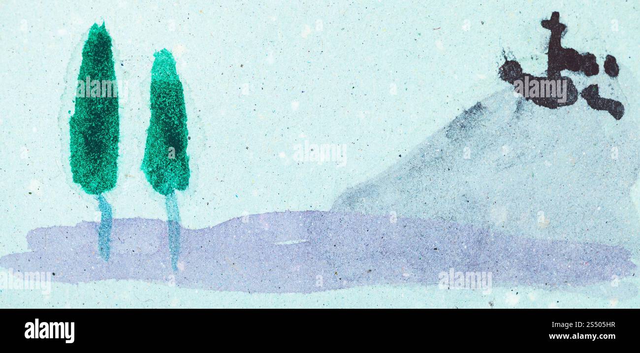 Ausbildung im Suibokuga Stil mit Aquarellfarben - Landschaft auf blau farbigem Papier zeichnen Stockfoto