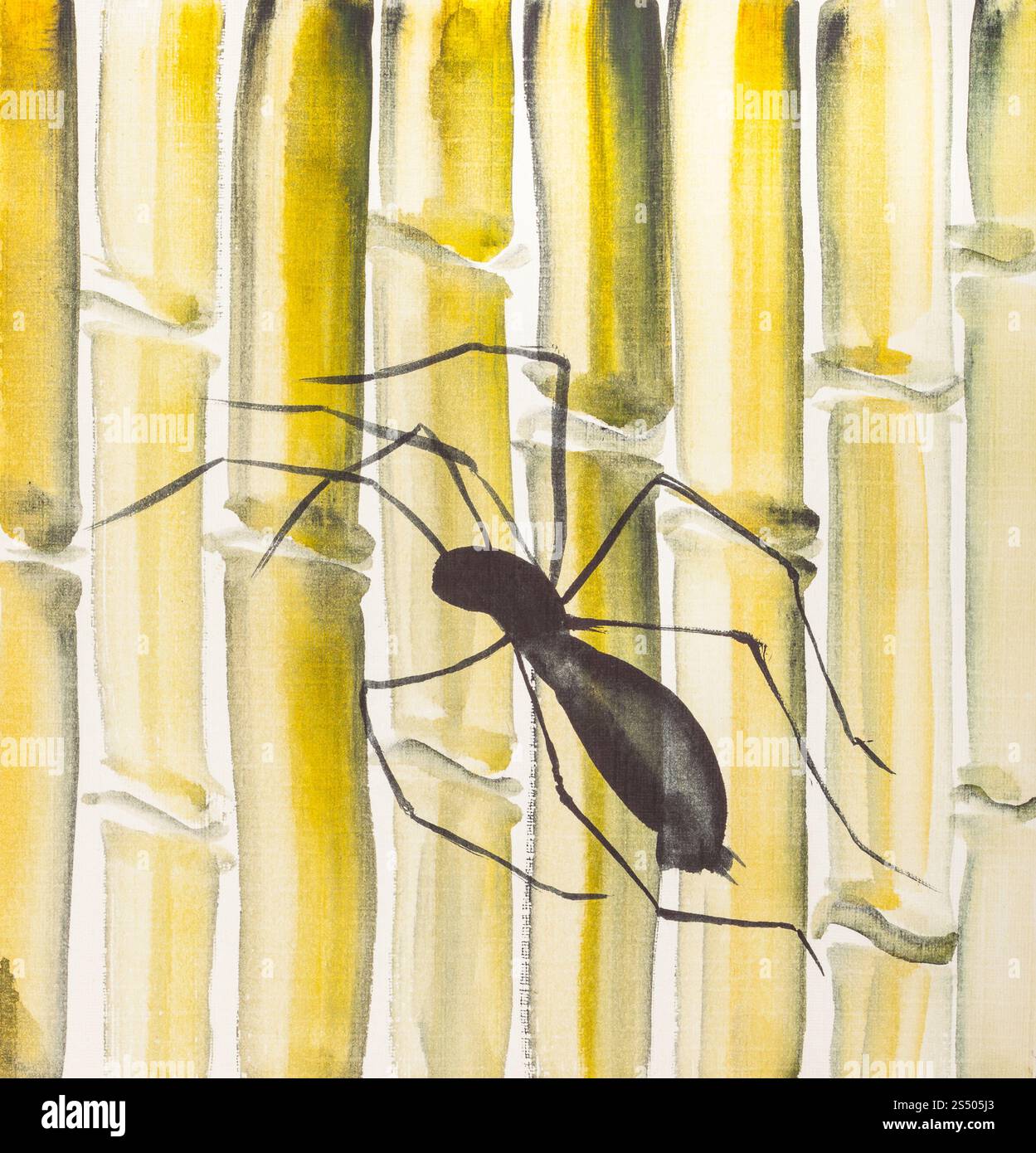 Ausbildung im Suibokuga Stil mit Aquarellfarben - Spinne auf gelben Bambus Stämme zeichnen Stockfoto