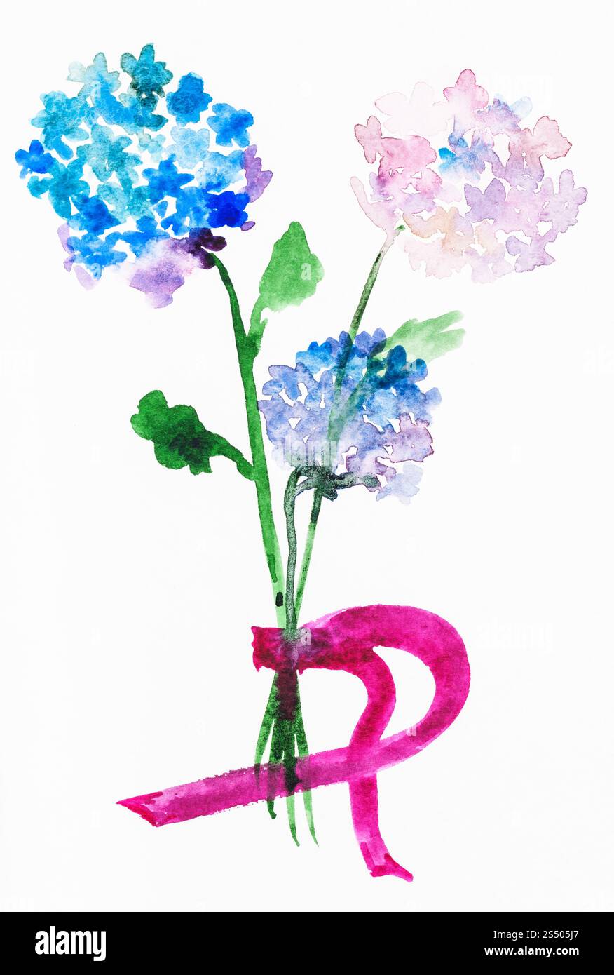Ausbildung im Suibokuga Stil mit Aquarellfarben - Bouquet von frischen Hortensia Blumen auf Papier zeichnen Stockfoto