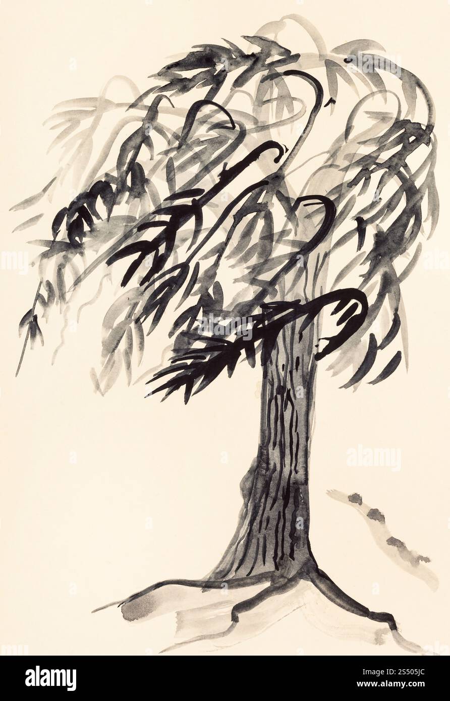 Ausbildung im Suibokuga Stil mit Aquarellfarben - Skizze der Weidenbaum auf Elfenbein farbigem Papier zeichnen Stockfoto