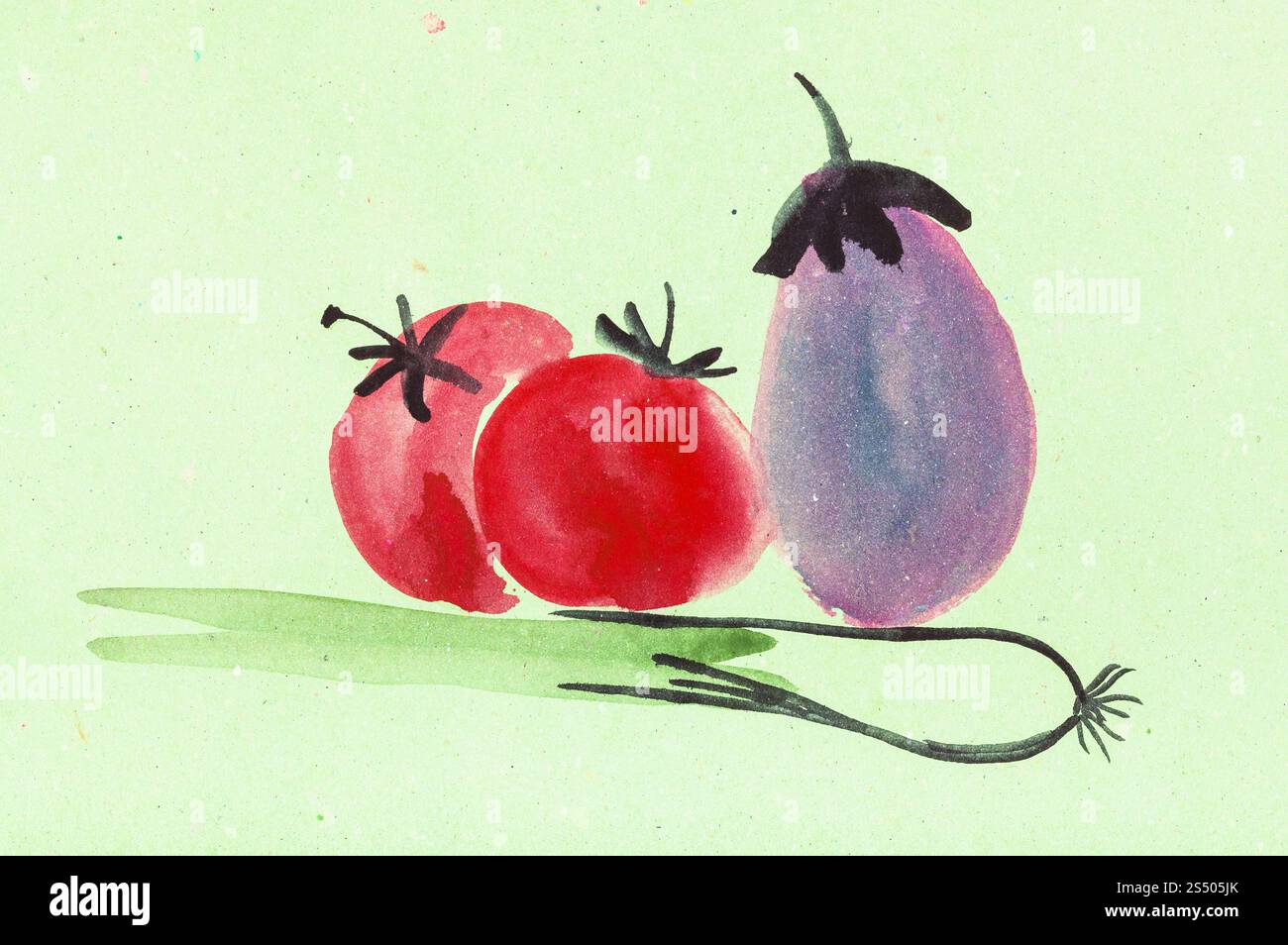 Ausbildung im Suibokuga Stil mit Aquarellfarben - frisches Gemüse auf grünem Tonpapier zeichnen Stockfoto