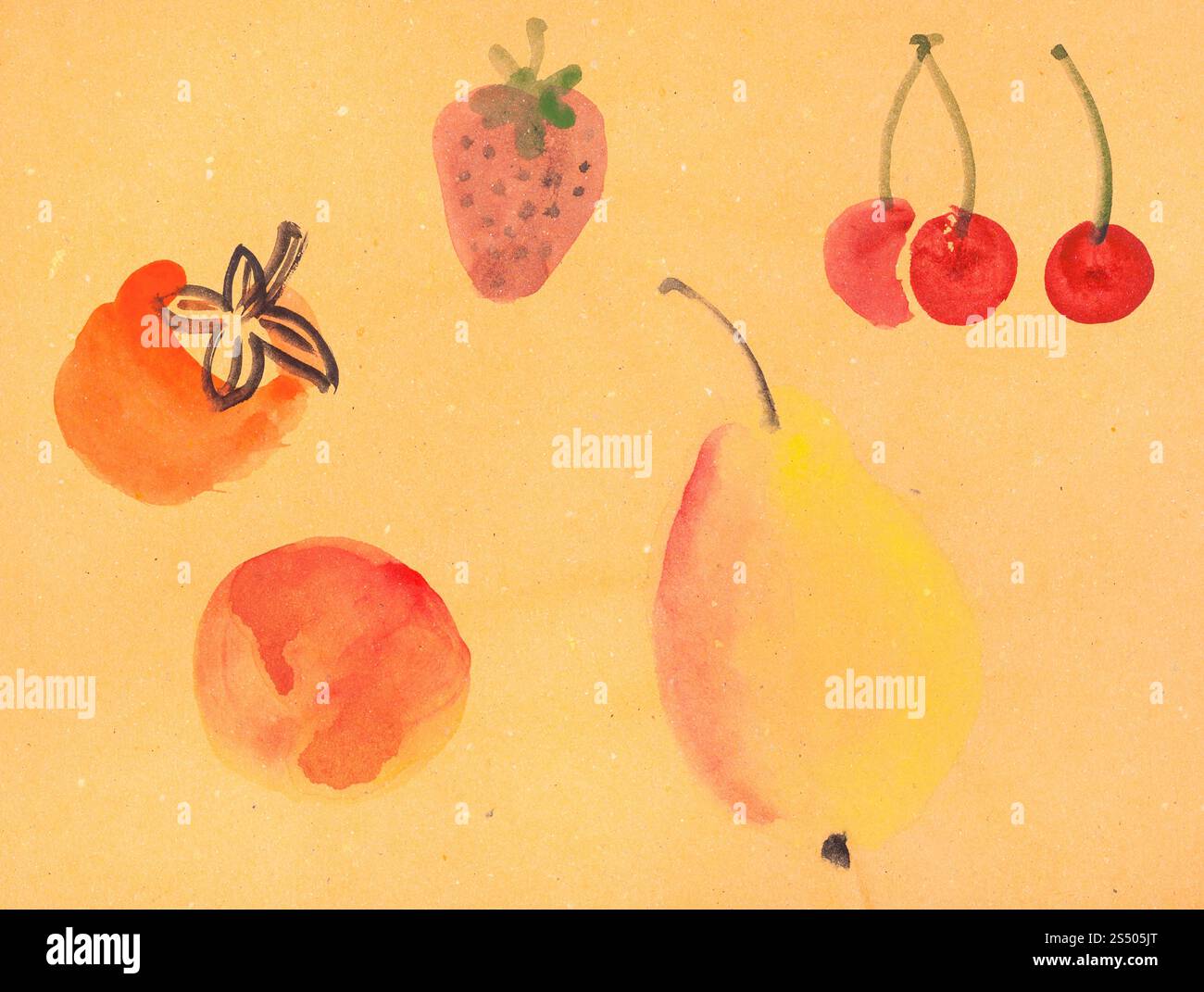 Ausbildung Zeichnung in suibokuga Stil mit Wasserfarben - verschiedene Früchte auf gelben Papier Stockfoto