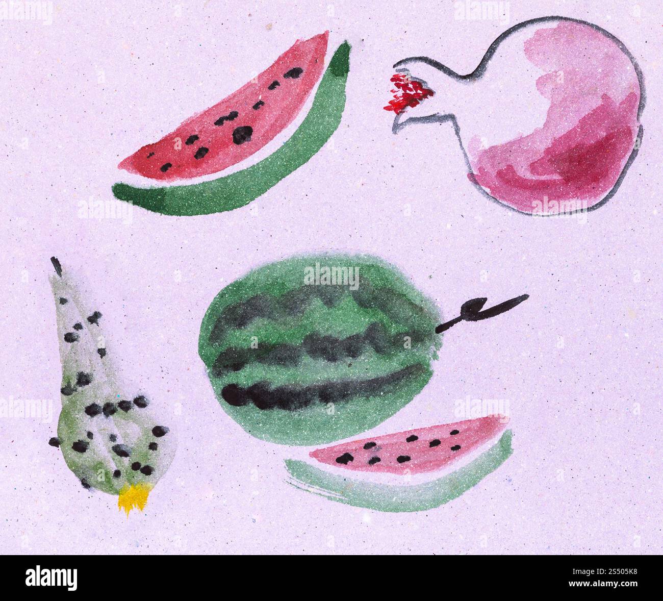 Ausbildung Zeichnung in suibokuga Stil mit Wasserfarben - frisches Obst auf rosa farbiges Papier Stockfoto