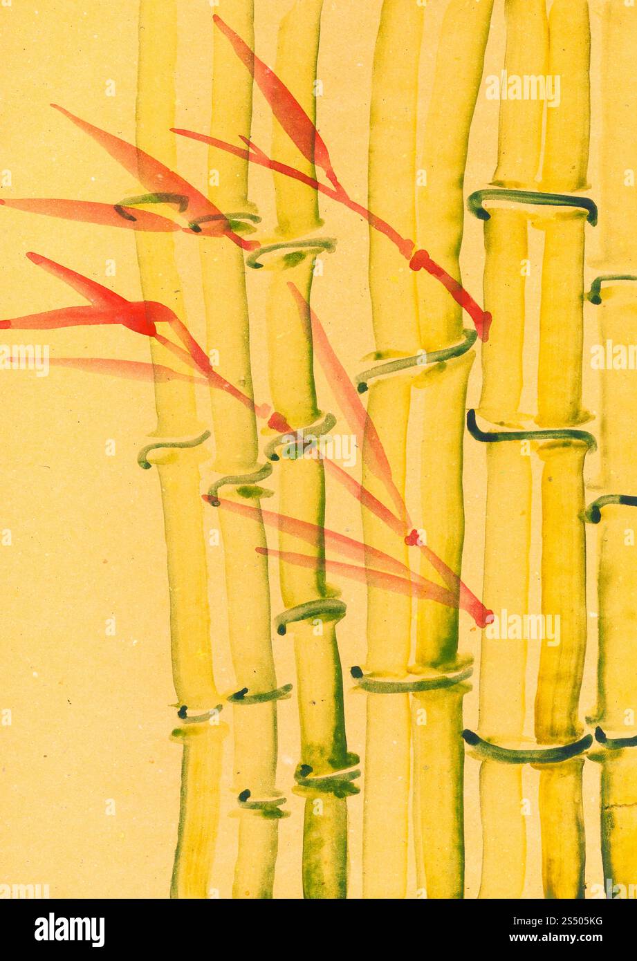 Ausbildung im Suibokuga Stil mit Aquarellfarben - Bambushain am gelben Tonpapier zeichnen Stockfoto