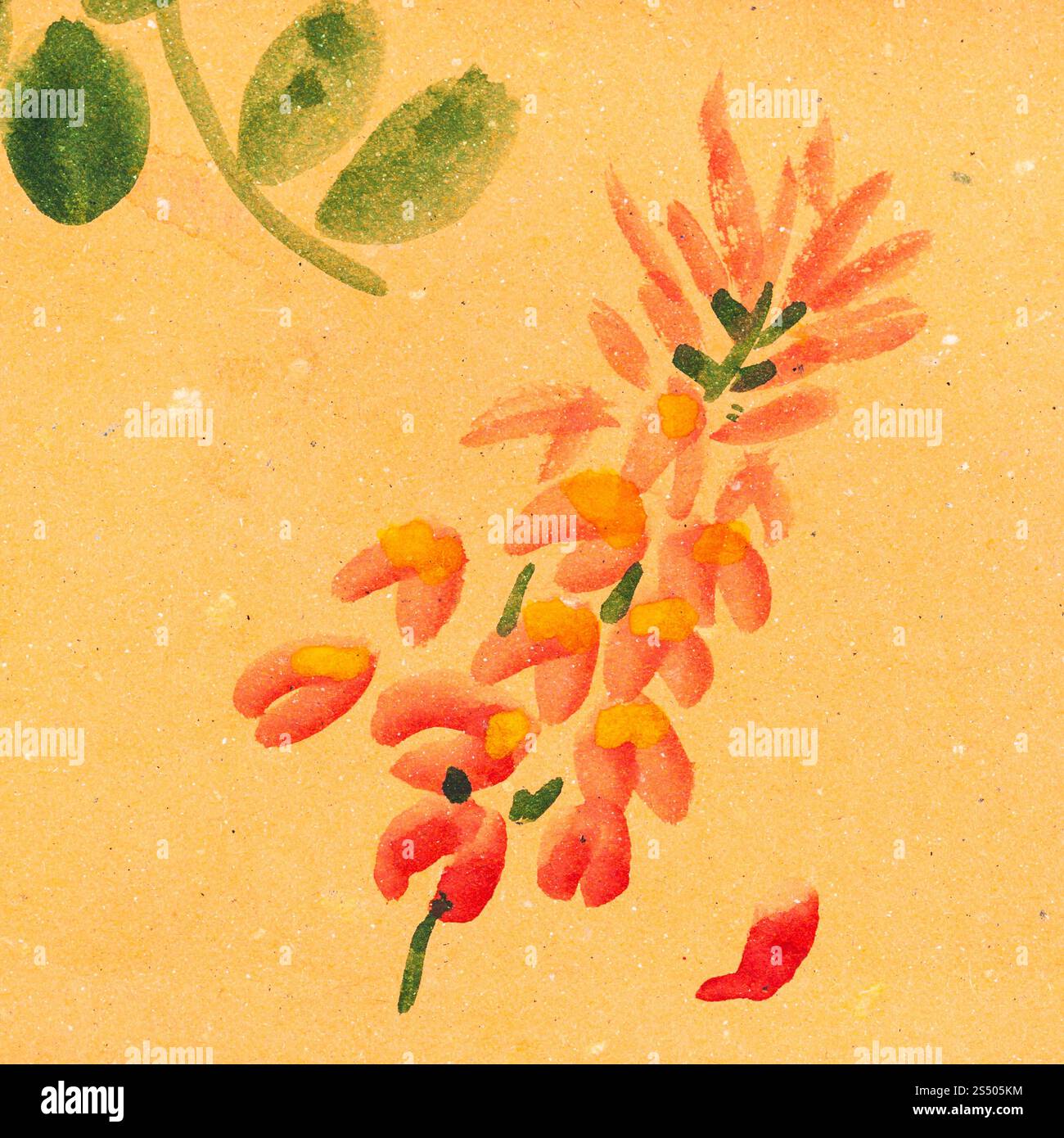 Ausbildung im Suibokuga Stil mit Aquarellfarben - Wisteria Blume auf orange farbigem Papier zeichnen Stockfoto