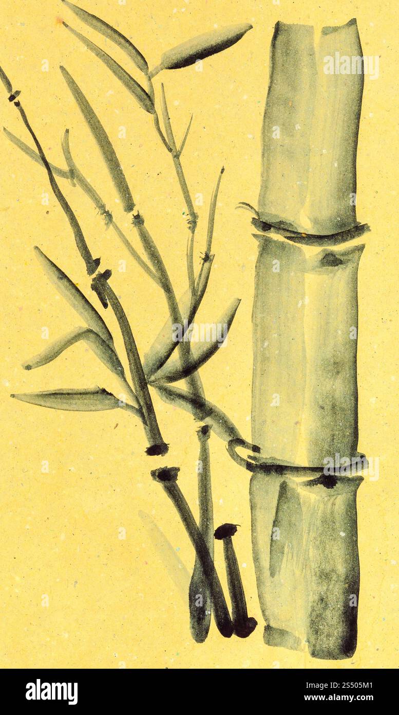 Ausbildung im Suibokuga Stil mit Aquarellfarben - Reed Stamm auf gelben Tonpapier zeichnen Stockfoto