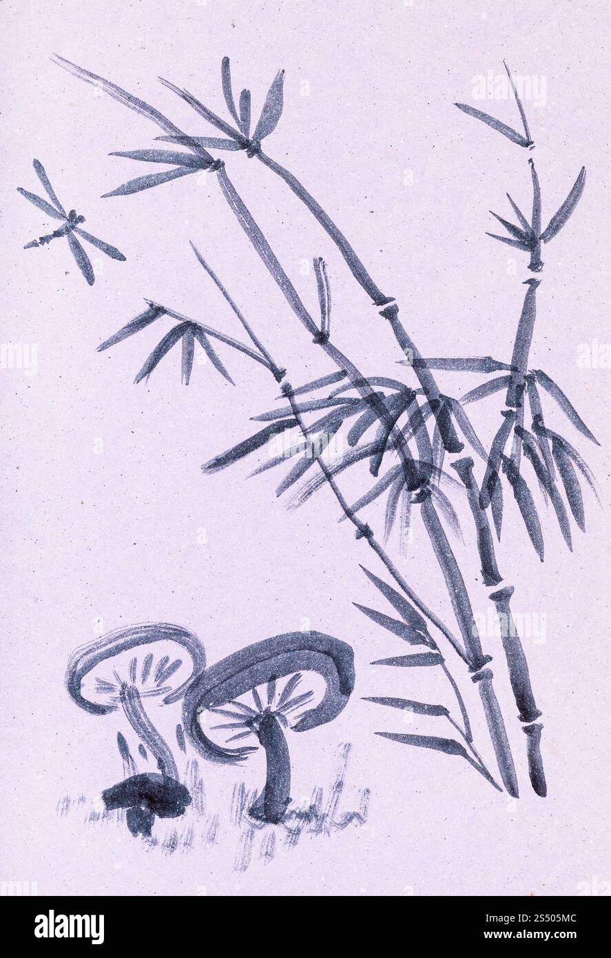 Ausbildung im Suibokuga Stil mit Aquarellfarben - Pilz und Zuckerrohr auf rosa farbigem Papier zeichnen Stockfoto
