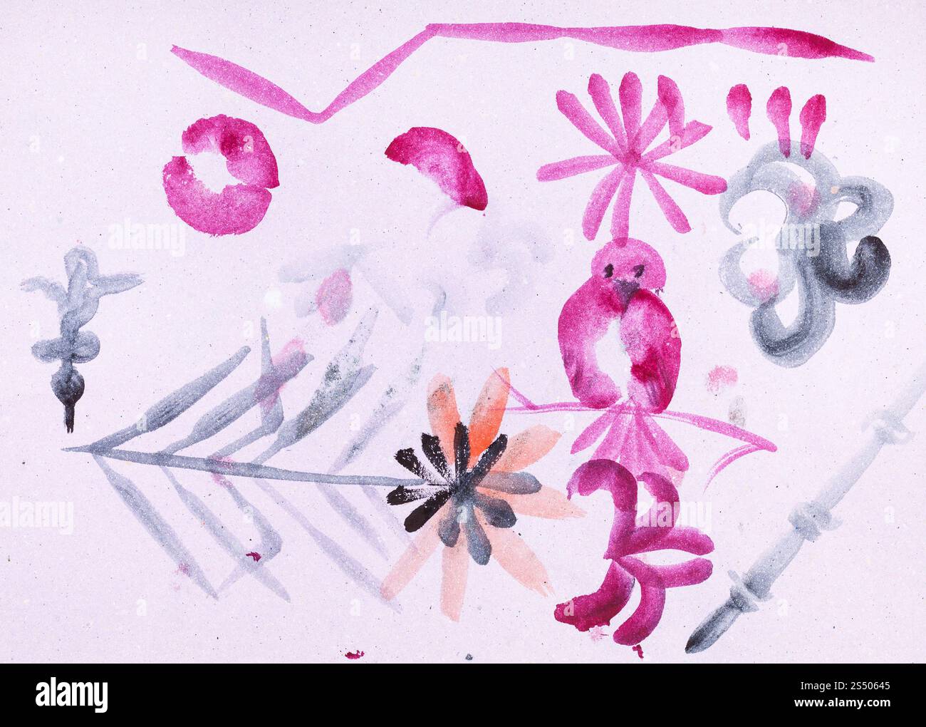 Ausbildung Zeichnung in suibokuga Stil mit Wasserfarben - verschiedene Skizzen auf rosa farbiges Papier Stockfoto