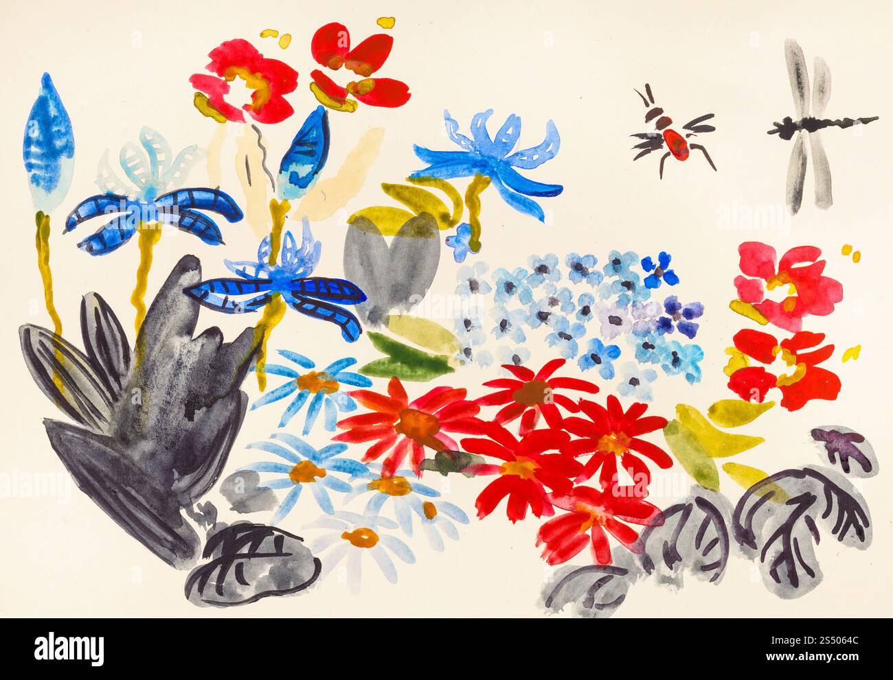 Ausbildung im Suibokuga Stil mit Aquarellfarben zeichnen - blühende Wiese im Sommer auf Elfenbein Farbpapier Stockfoto