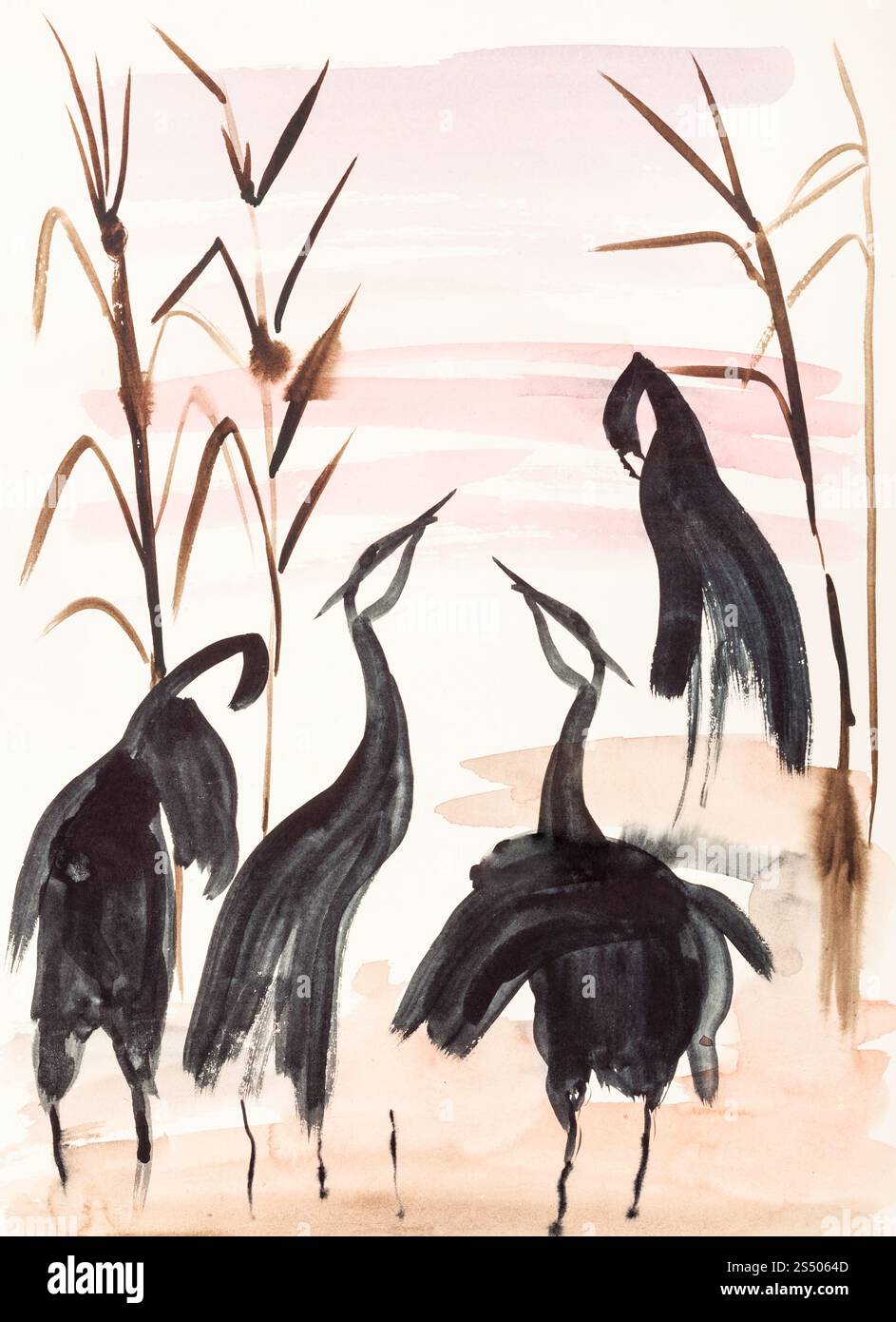 Ausbildung im Suibokuga Stil mit Aquarellfarben - Krane am Ufer Sees bei Sonnenuntergang auf dem Elfenbein farbigen Papier zeichnen Stockfoto