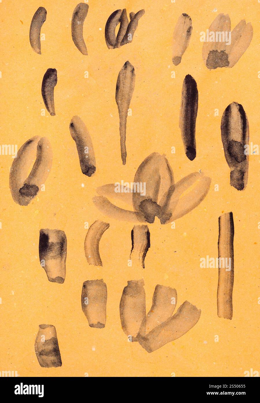 Ausbildung Zeichnung in suibokuga Stil mit Wasserfarben - Pinselstriche für Blumen und Gras auf orange farbiges Papier Stockfoto