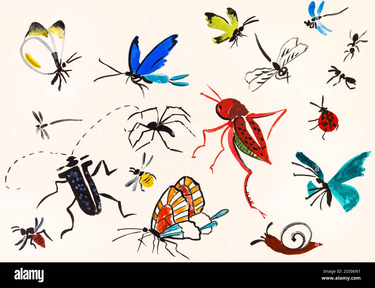 Ausbildung Zeichnung in suibokuga Sumi-e Stil mit Wasserfarben - verschiedene Insekten hand auf cremefarbenem Papier gemalt Stockfoto