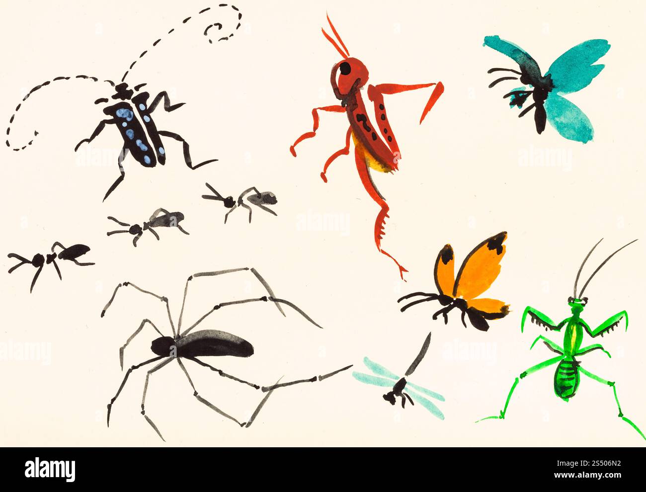 Ausbildung Zeichnung in suibokuga Sumi-e Stil mit Wasserfarben - viele Insekten hand auf cremefarbenem Papier gemalt Stockfoto