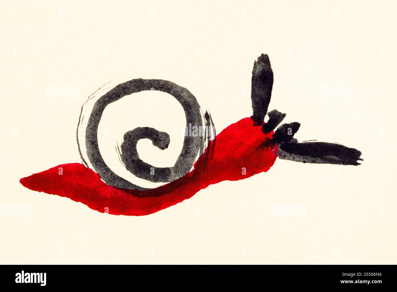Ausbildung Zeichnung in suibokuga Sumi-e Stil mit Wasserfarben - rote Schnecke hand auf cremefarbenem Papier gemalt Stockfoto