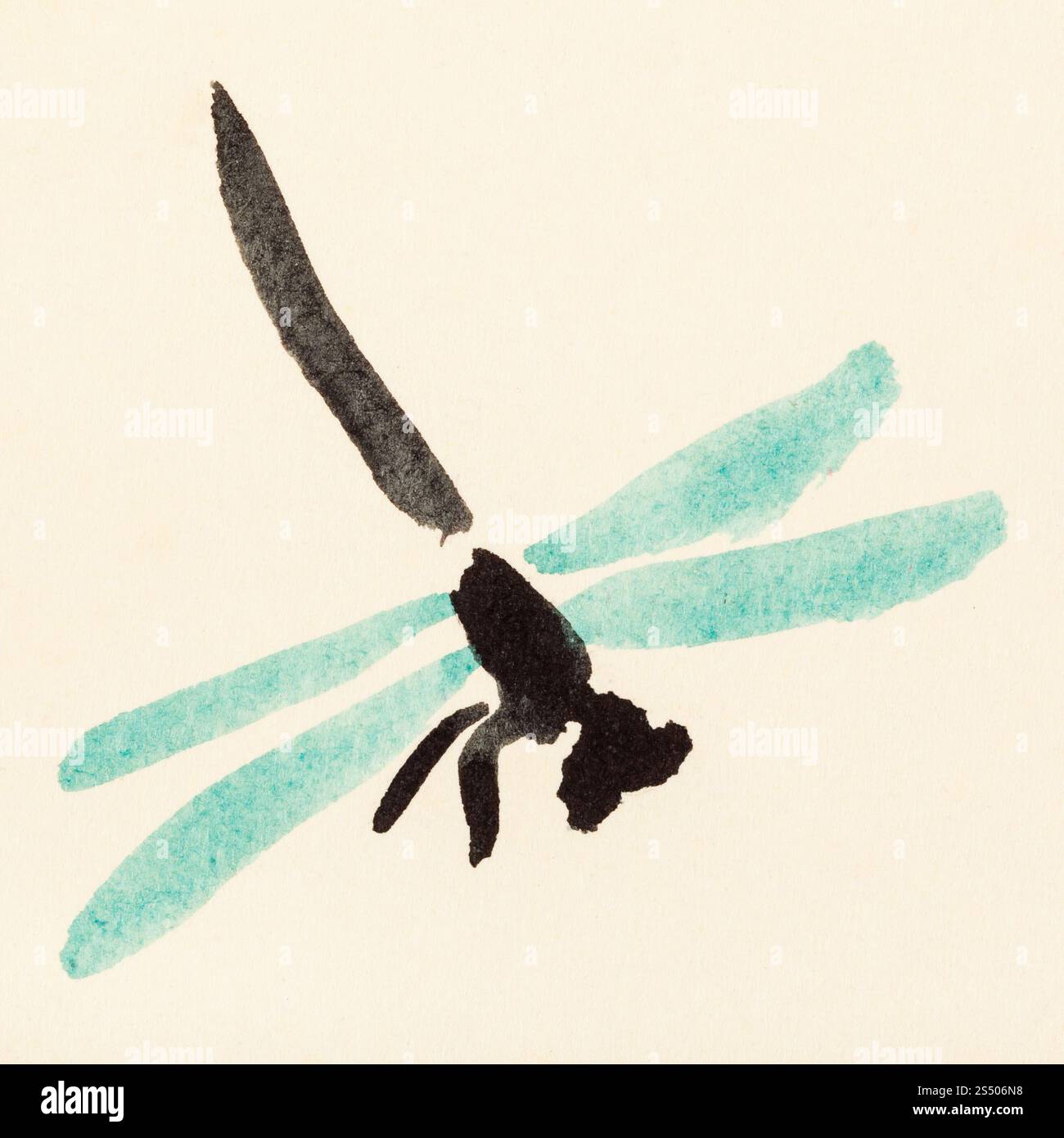 Ausbildung Zeichnung in suibokuga Sumi-e Stil mit Wasserfarben - Libelle mit grünen Flügeln hand auf cremefarbenem Papier gemalt Stockfoto