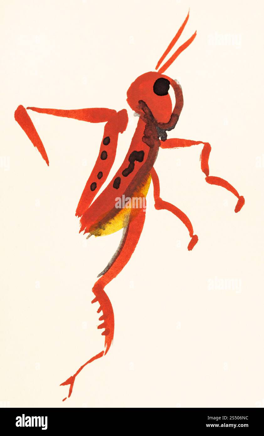Ausbildung Zeichnung in suibokuga Sumi-e Stil mit Wasserfarben - rote Heuschrecke hand auf cremefarbenem Papier gemalt Stockfoto