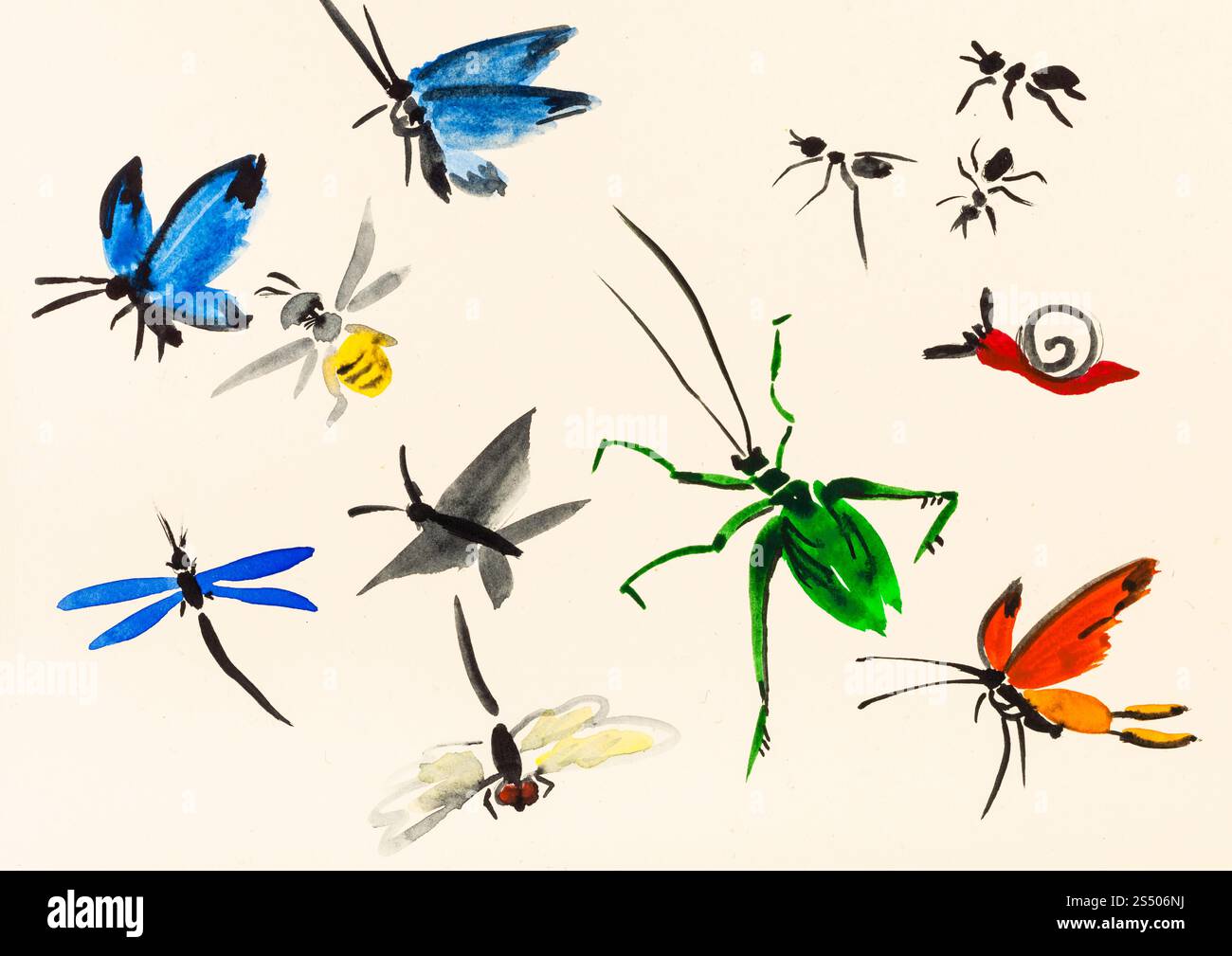 Ausbildung Zeichnung in suibokuga Sumi-e Stil mit Wasserfarben - viele Insekten hand auf cremefarbenem Papier gemalt Stockfoto